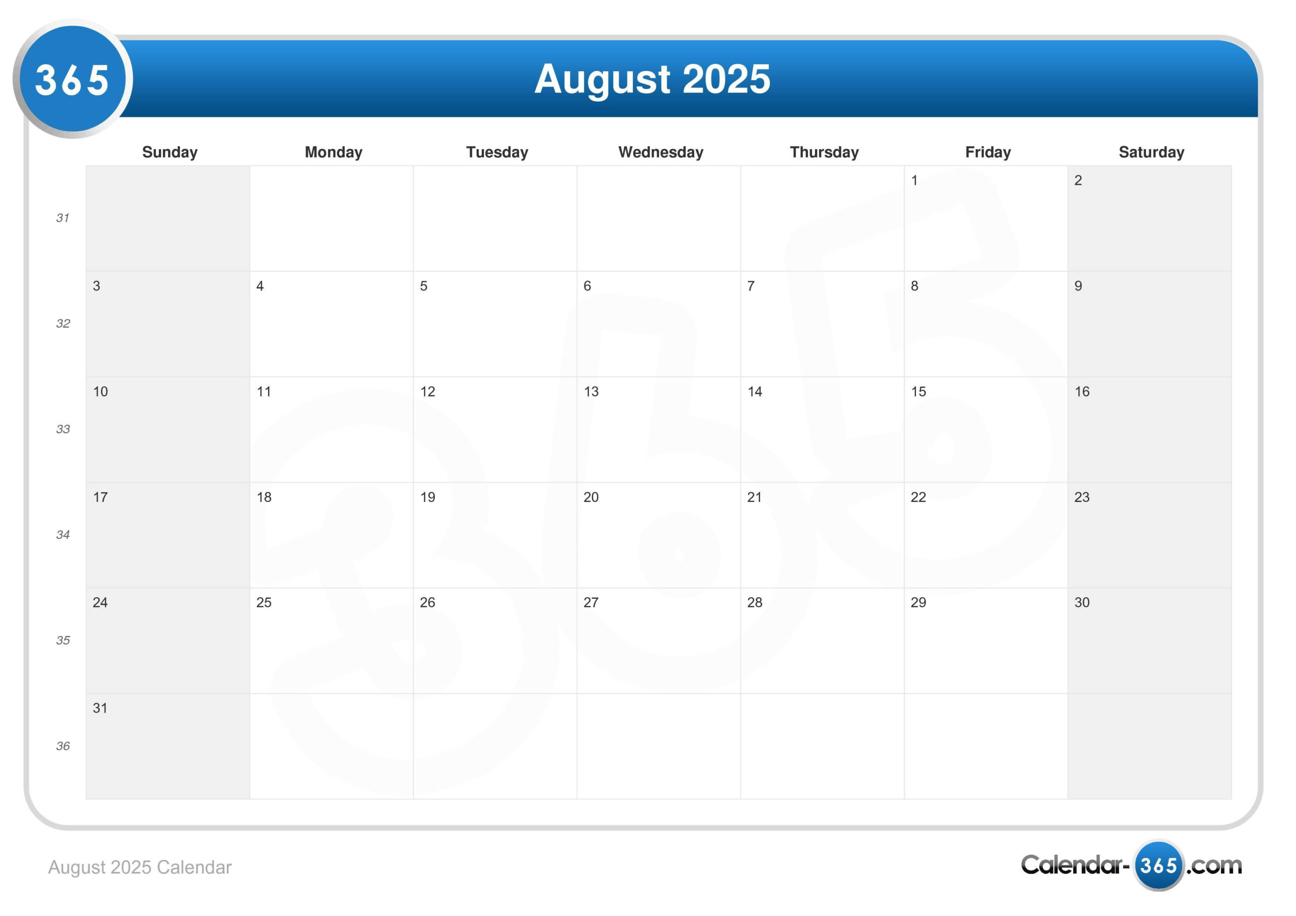 August 2025 Calendar in August 6Th 2025 Calendar
