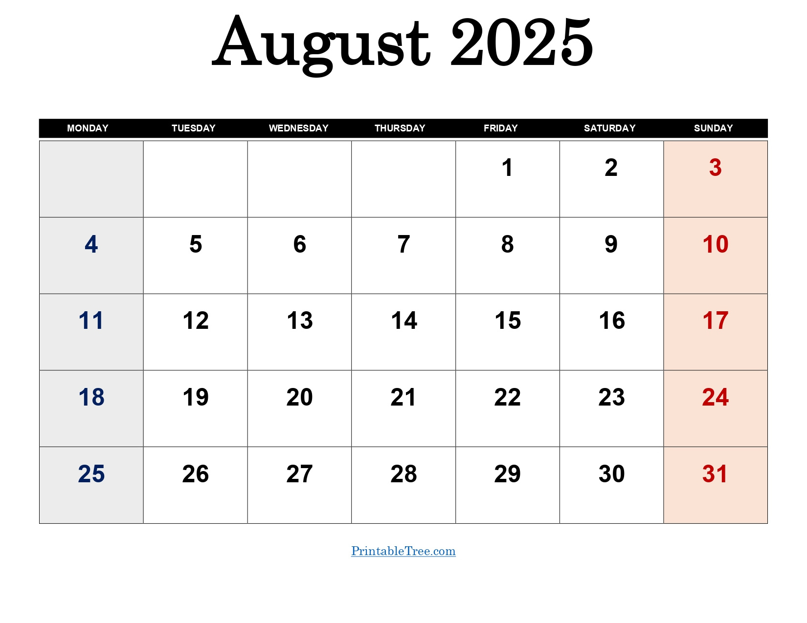 August 2025 Calendar Printable Pdf Template With Holidays in August 2025 Calendar Monday Start