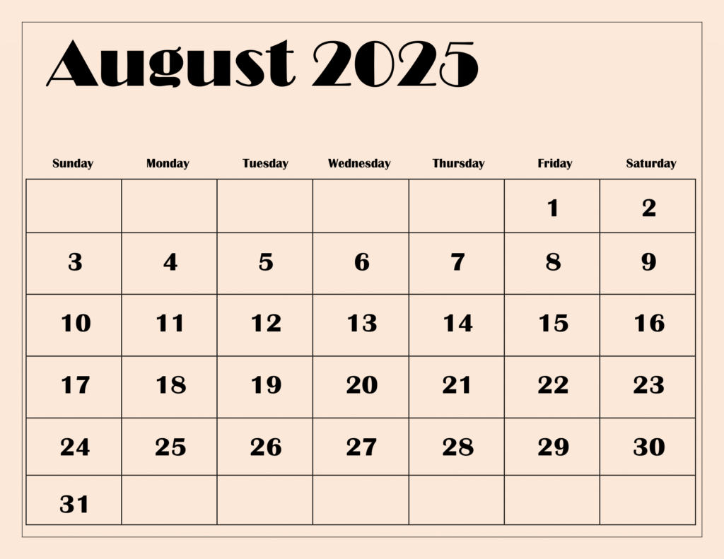 August 2025 Calendar Printable Pdf Template With Holidays In Blank Calendar August 2025
