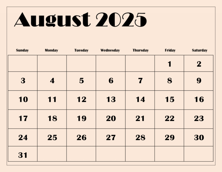 2025 Calendar For August
