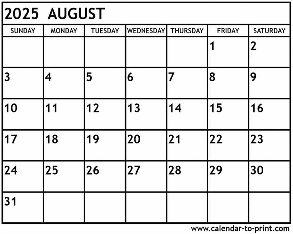 August 2025 Calendar Printable Regarding August Monthly 2025 Calendar Printable