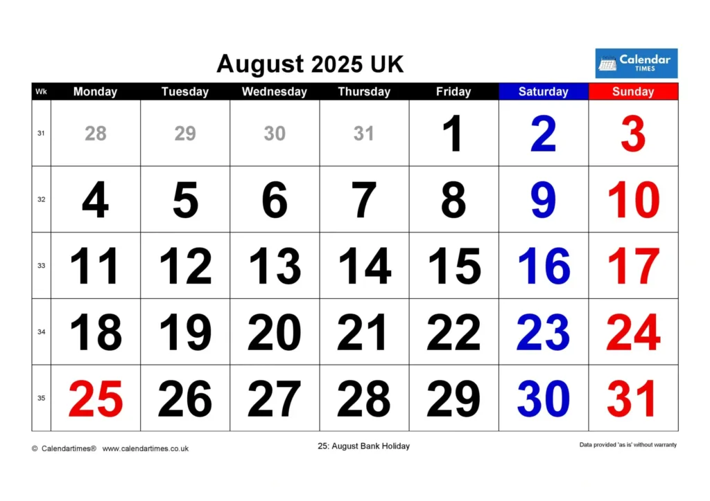 August 2025 Calendar Printable Uk   Free Templates & More Within Holiday Calendar For August 2025