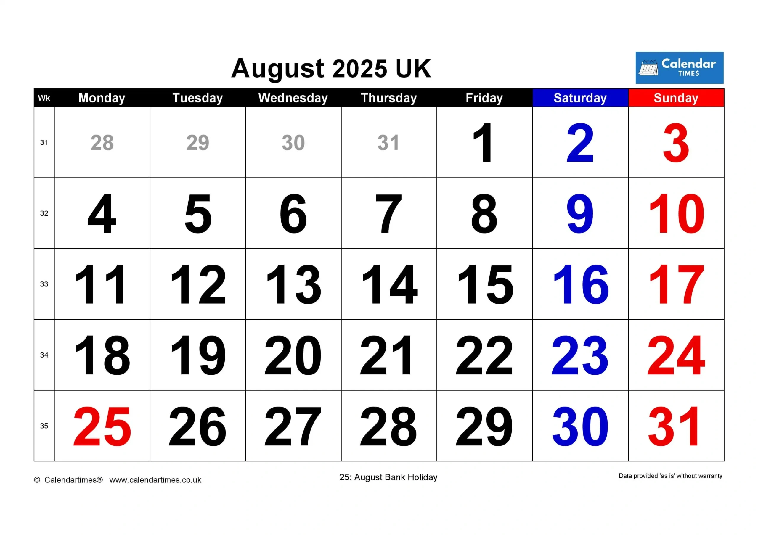 August 2025 Calendar Printable Uk - Free Templates &amp;amp; More within Holiday Calendar For August 2025
