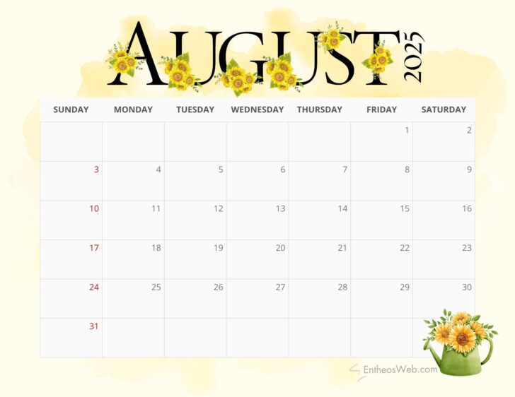 August 2025 Calendar Printable Cute