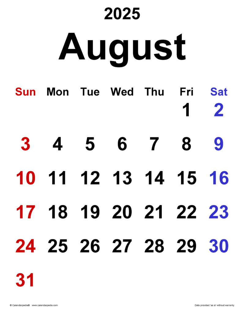 August 2025 Calendar | Templates For Pdf, Excel And Word With August 29 2025 Calendar
