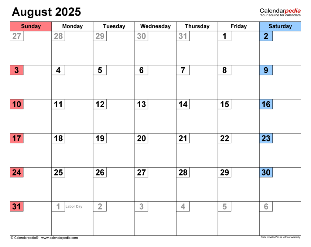 August 2025 Calendar | Templates For Pdf, Excel And Word With Show August 2025 Calendar August 2025 Calendar | Templates For Pdf, Excel And Word With Show August 2025 Calendar