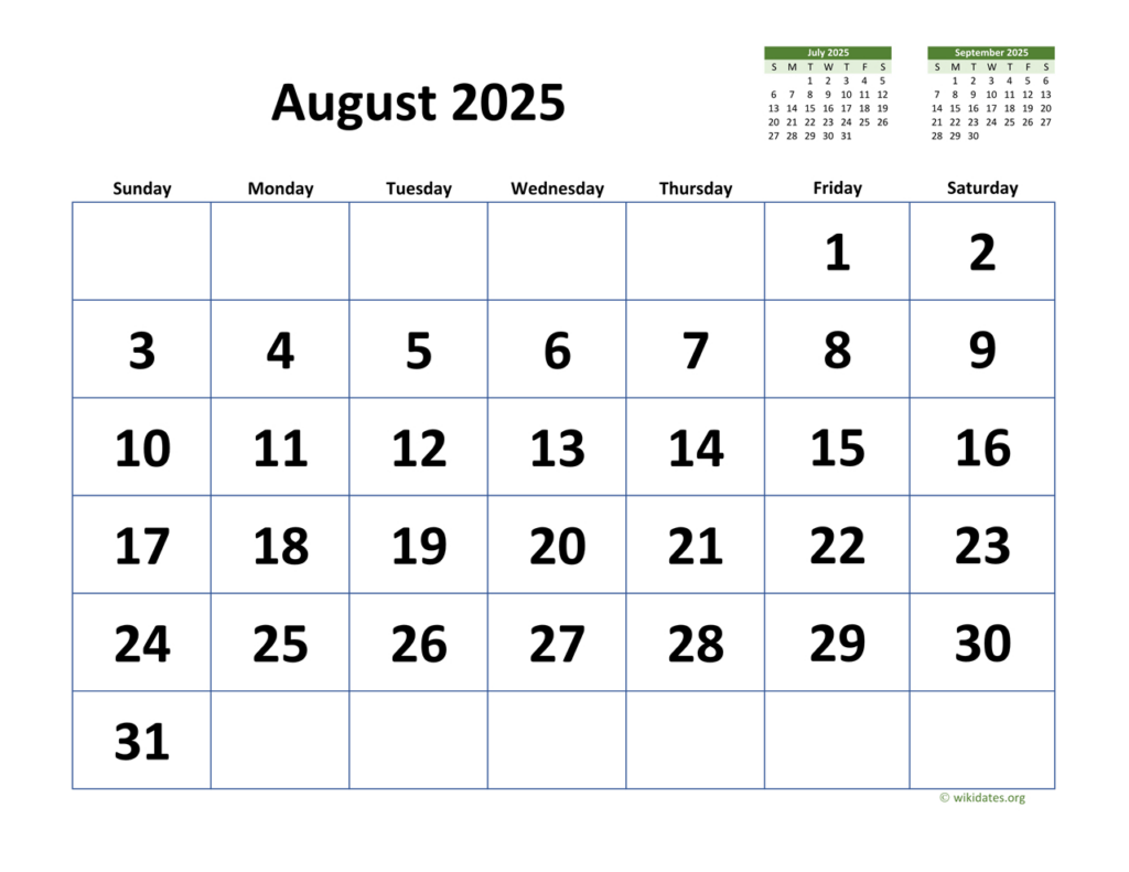 August 2025 Calendar With Extra Large Dates | Wikidates Inside August 25 2025 Calendar