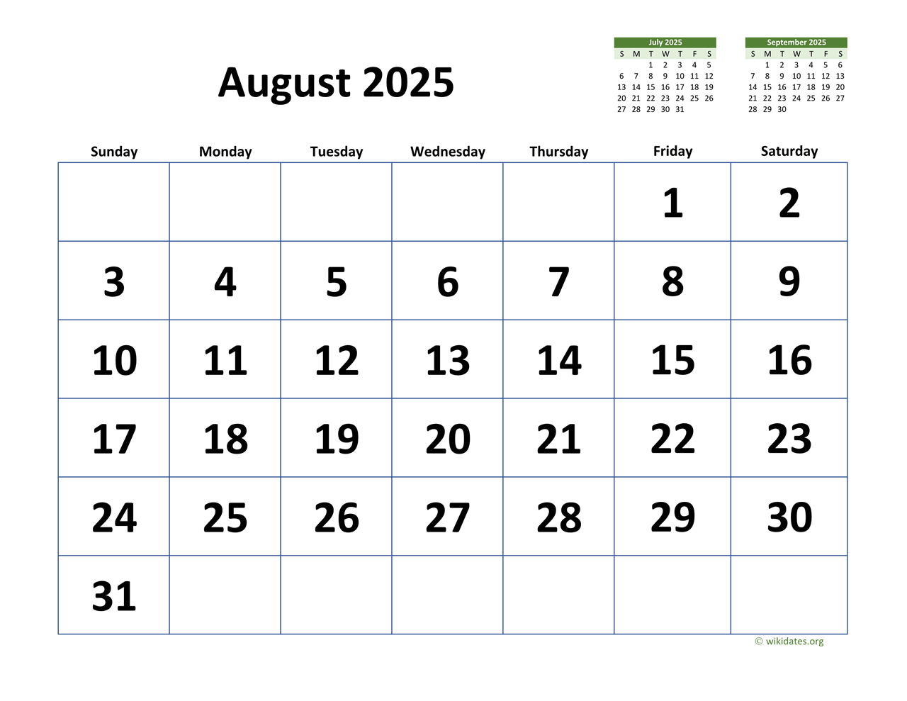 August 2025 Calendar With Extra-Large Dates | Wikidates inside August 25 2025 Calendar