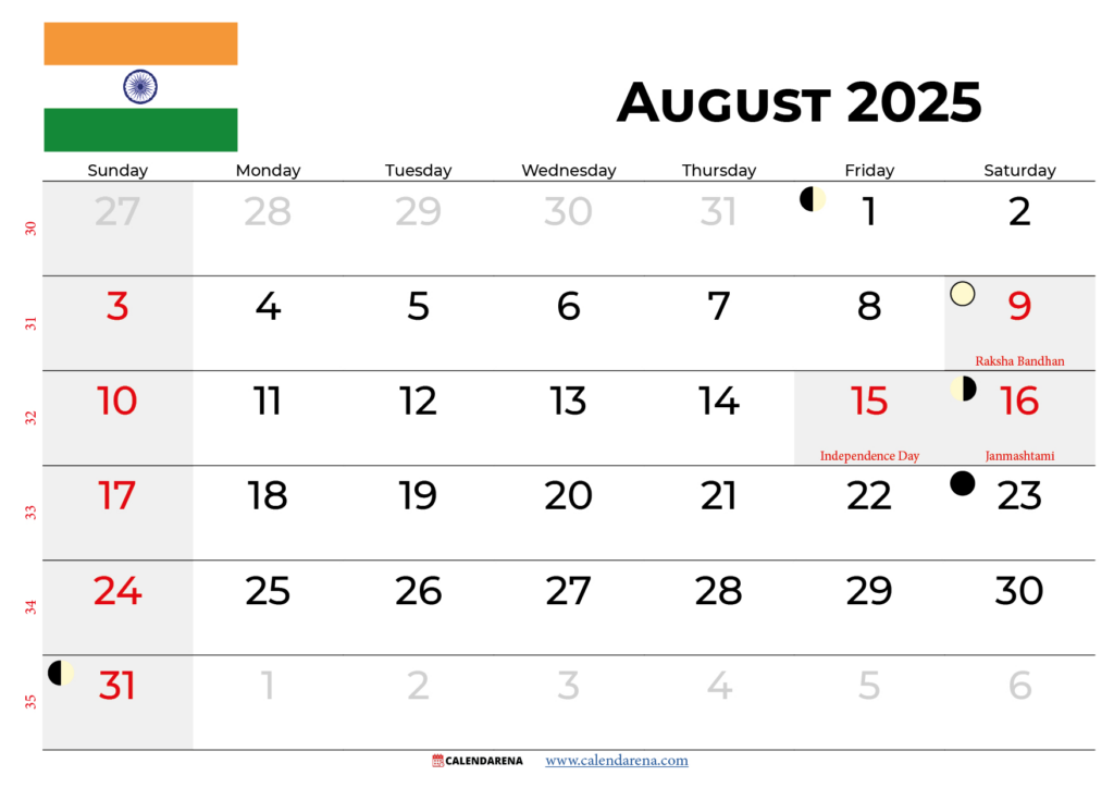 August 2025 Calendar With Holidays India Throughout Calendar August 2025 With Holidays