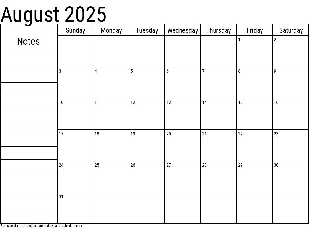 August 2025 Calendar With Notes - Handy Calendars with regard to August Calendar 2025 With Notes Printable