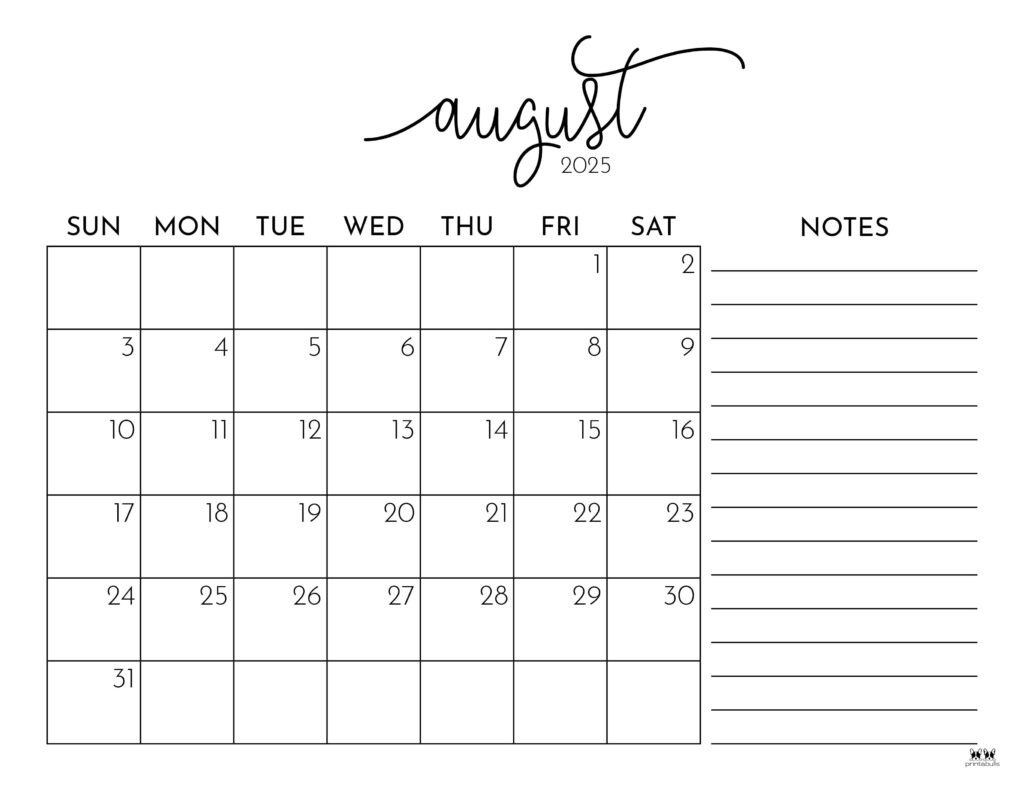 August 2025 Calendars - 107 Free Printables | Printabulls in August Calendar 2025 With Notes Printable