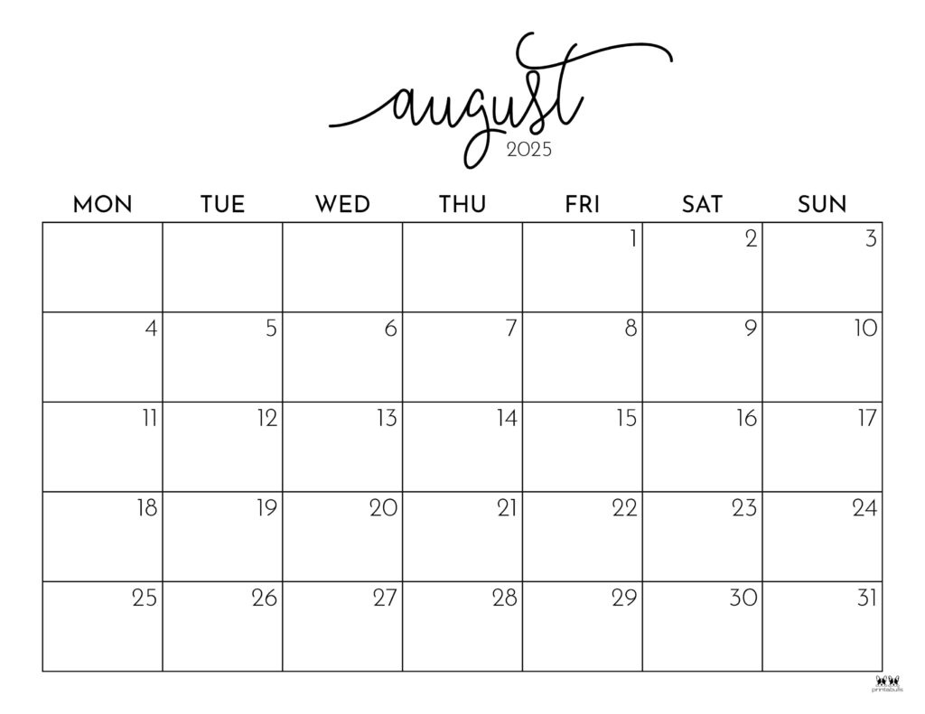 August 2025 Calendars - 107 Free Printables | Printabulls with August 2025 Calendar Printable Landscape