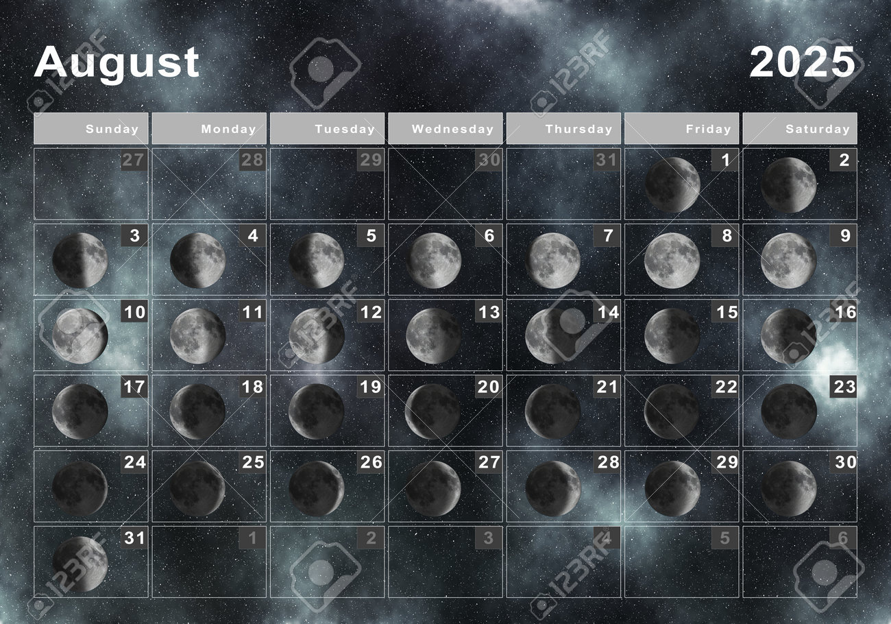 August 2025 Lunar Calendar, Moon Cycles, Moon Phases Stock Photo with regard to August Moon Phase Calendar 2025