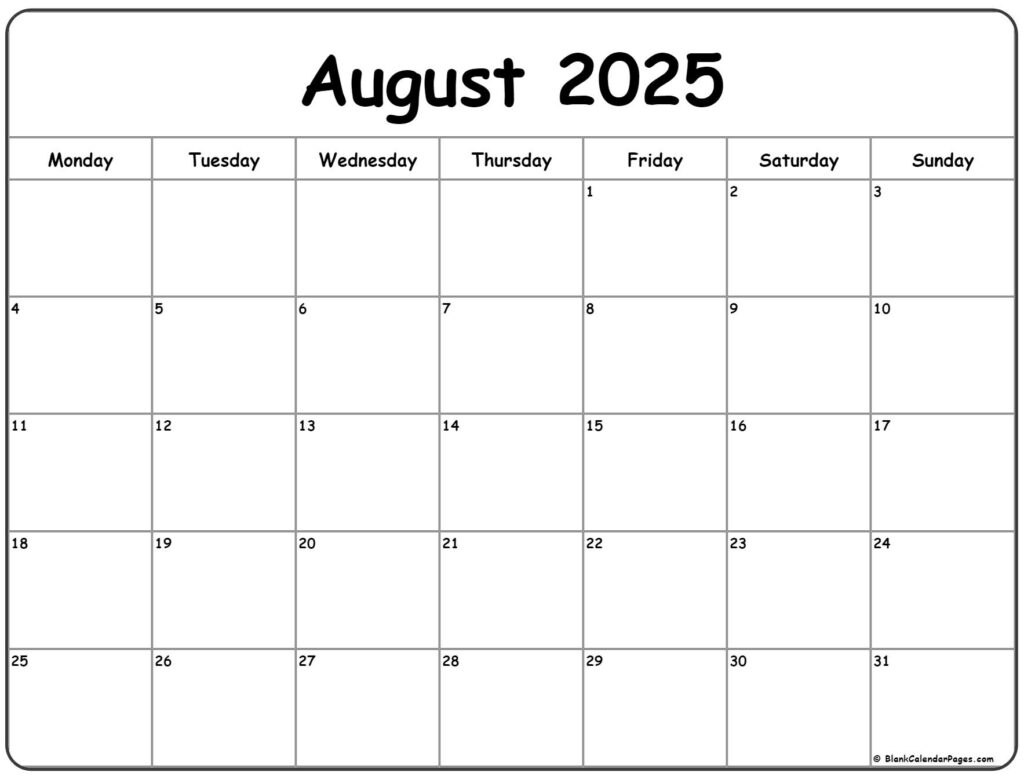 August 2025 Monday Calendar | Monday To Sunday In August 2025 Calendar Monday Start