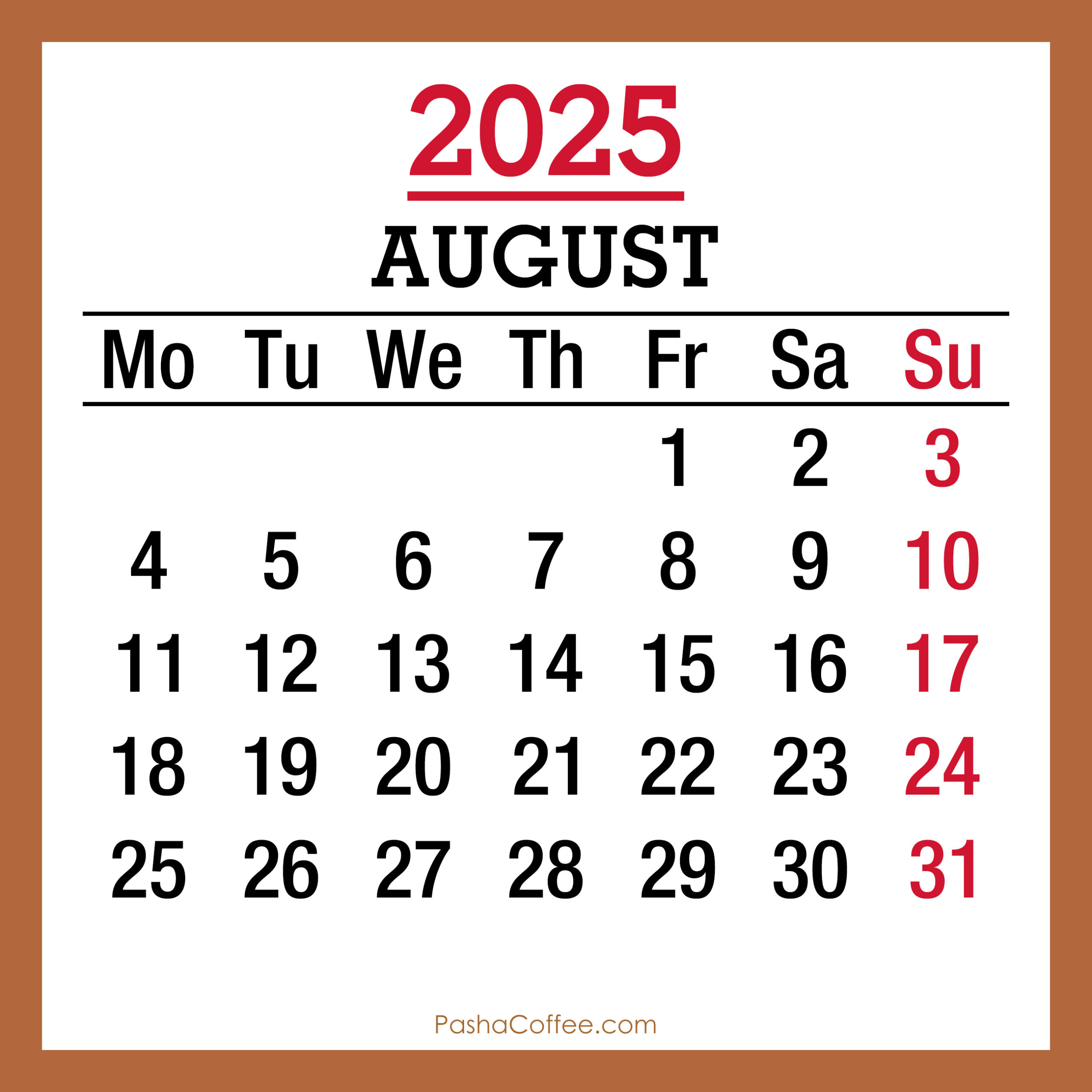 August 2025 Monthly Calendar, Printable Free, Beige, Monday Start in 2025 August Month Calendar