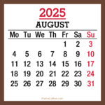 August 2025 Monthly Calendar, Printable Free, Brown, Monday Start With August 2025 Calendar Monday Start