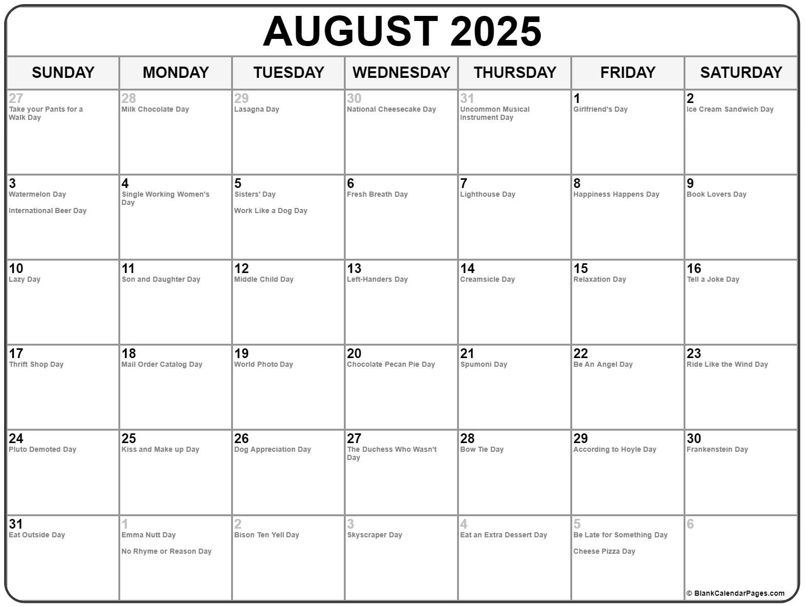 August 2025 With Holidays Calendar within August 2025 National Days Calendar