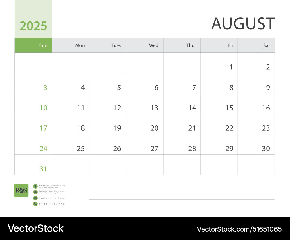 August Design Planner Desk Calendar 2025 Vector Image intended for Flip Calendar Starting From August 2025