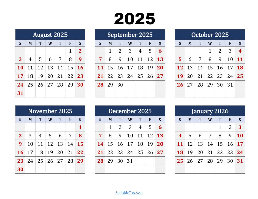 August To January 2026 Calendar Printable Pdf | Six Months Calendar Regarding August 2025 To August 2026 Calendar Printable