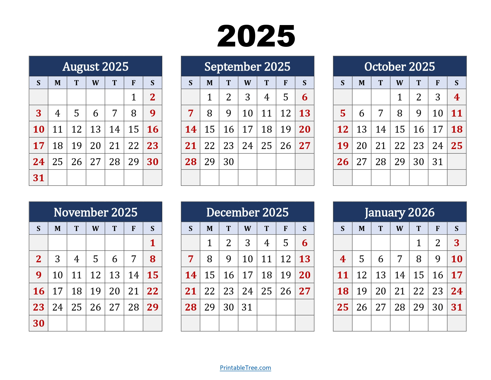 August To January 2026 Calendar Printable Pdf | Six Months Calendar regarding August 2025 to August 2026 Calendar Printable