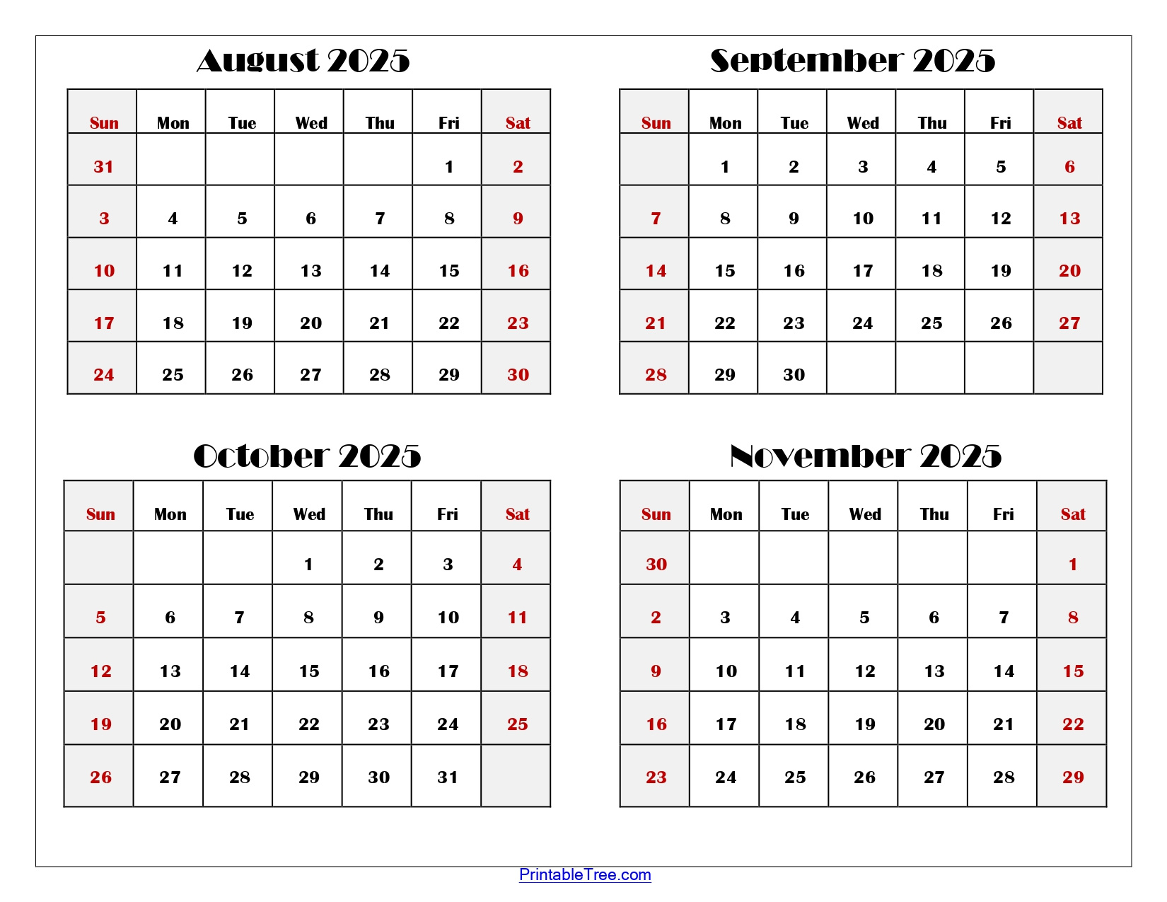 August To November 2025 Calendar Printable Pdf | Four Months Calendar intended for August September October November 2025 Calendar