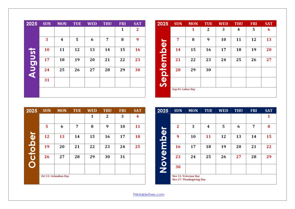 August To November 2025 Calendar Printable Pdf | Four Months Calendar With Regard To August September October November 2025 Calendar