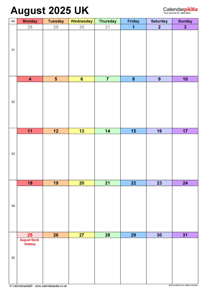 August 2025 Calendar Printable Word