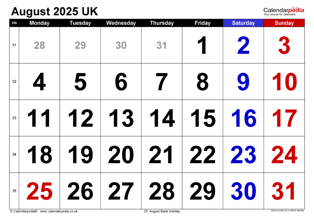 Calendar August 2025 Uk With Pdf, Excel And Word Templates Regarding August 25 2025 Calendar