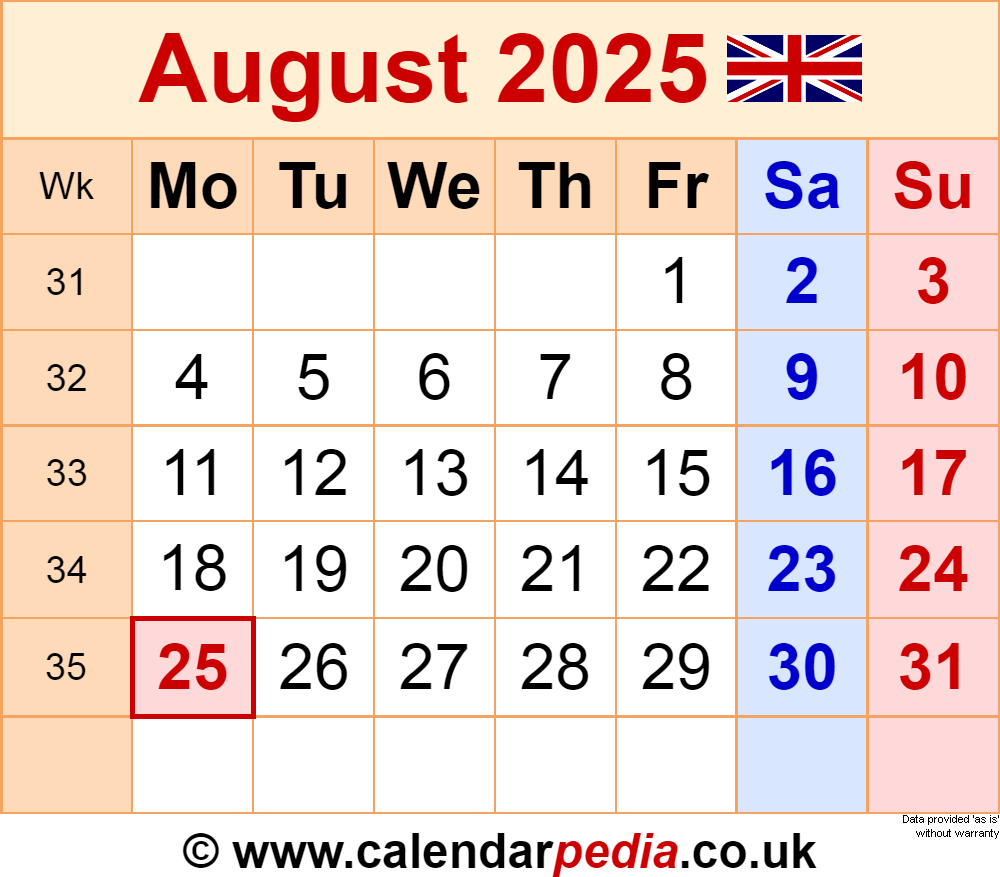 Calendar August 2025 Uk With Pdf, Excel And Word Templates with regard to August 7 2025 Calendar