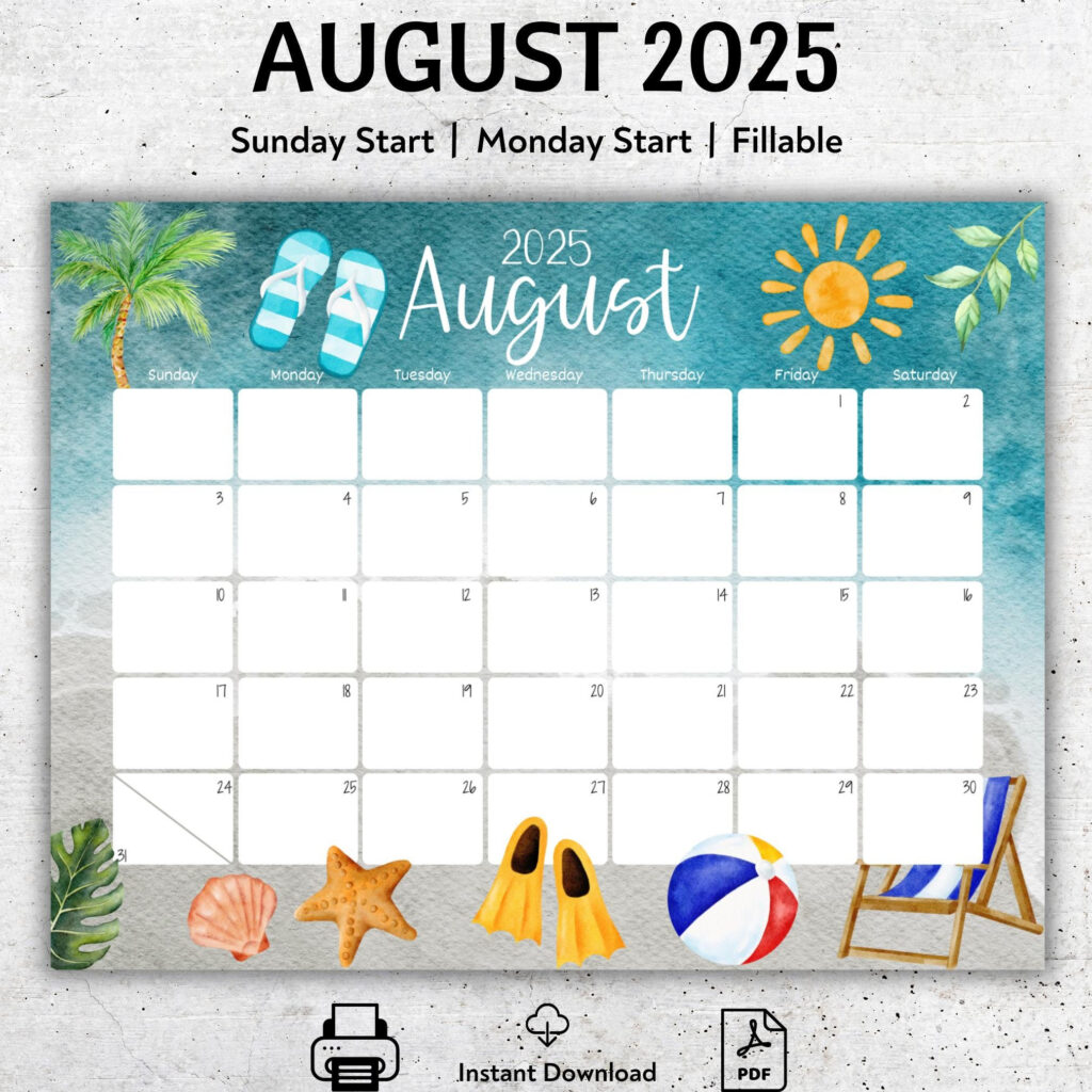 Editable August 2025 Calendar, Beautiful Summer, Beach, Sun, Flip Throughout August 2025 Fillable Calendar Editable August 2025 Calendar, Beautiful Summer, Beach, Sun, Flip Throughout August 2025 Fillable Calendar