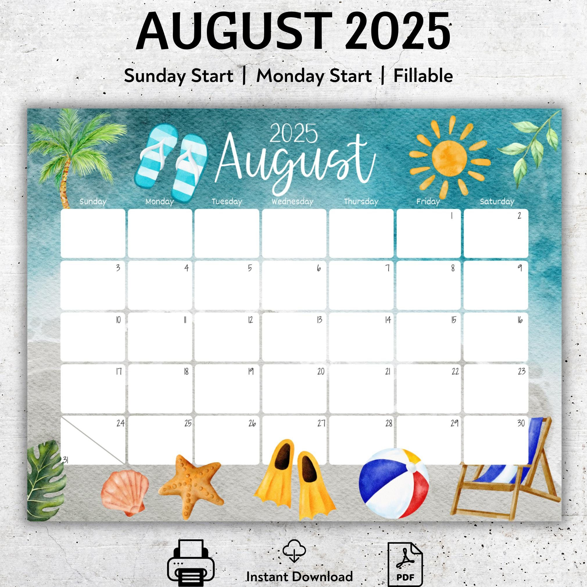 Editable August 2025 Calendar, Beautiful Summer, Beach, Sun, Flip throughout August 2025 Fillable Calendar