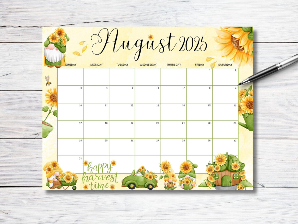 Editable August 2025 Calendar, Sunflower Gnome Garden Planner With Editable August 2025 Calendar