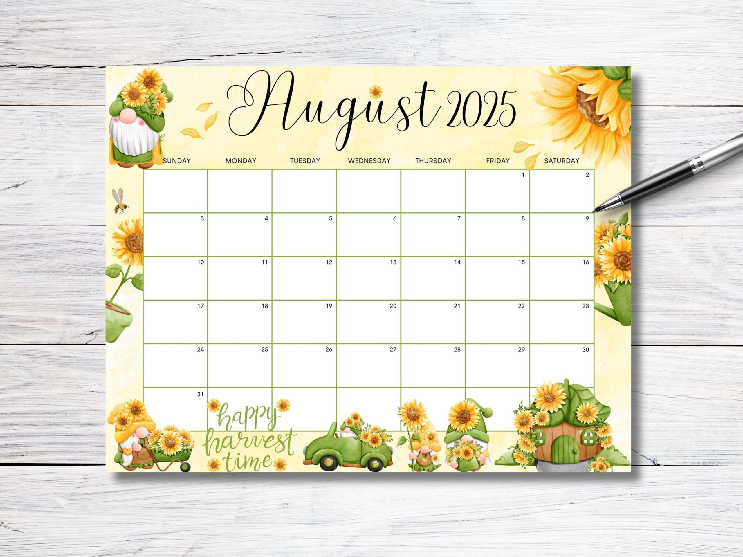 Editable August 2025 Calendar, Sunflower Gnome Garden Planner with Editable August 2025 Calendar