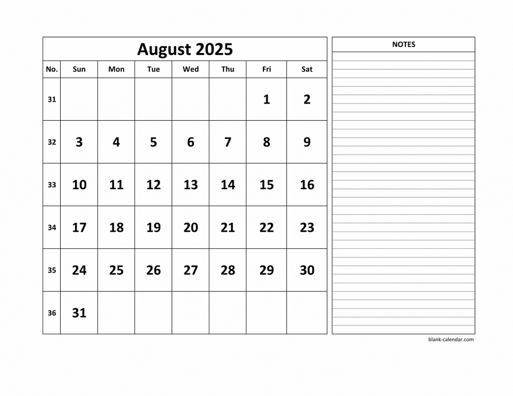 Free Download Printable August 2025 Calendar, Large Space For inside August Calendar 2025 with Notes Printable
