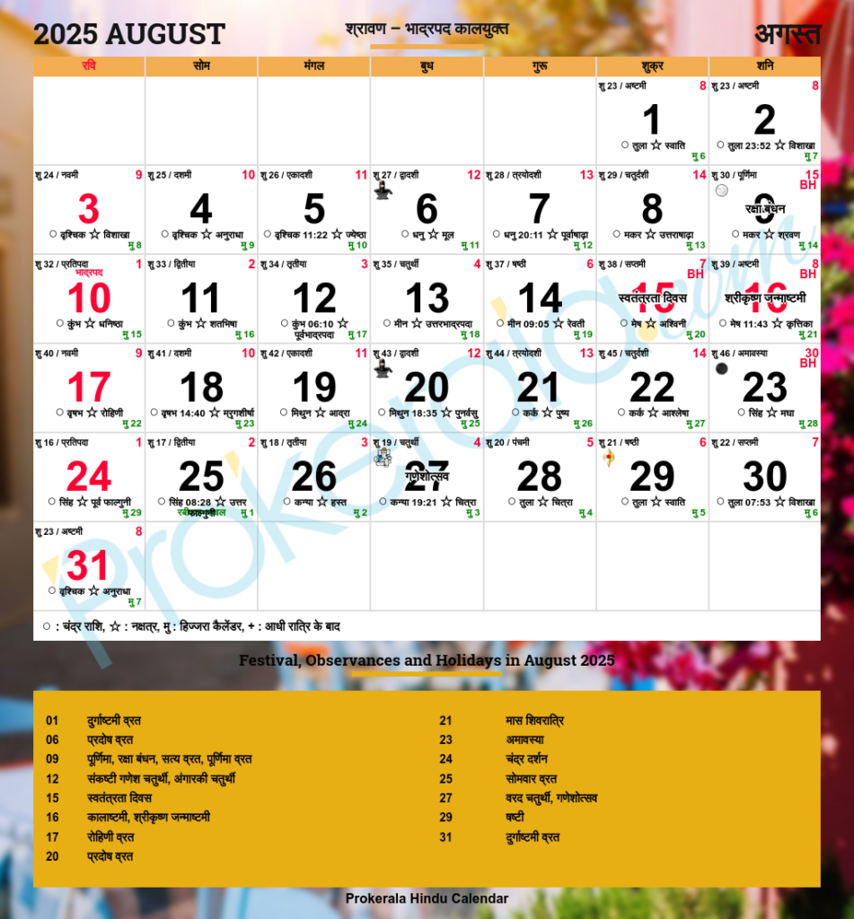 Hindu Calendar 2025, August For August 2025 Calendar With Holidays India