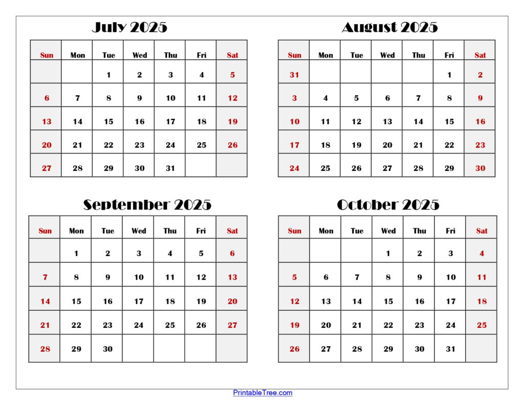 July To October 2025 Calendar Printable Pdf | Four Months Calendar Intended For Calendar August September October 2025