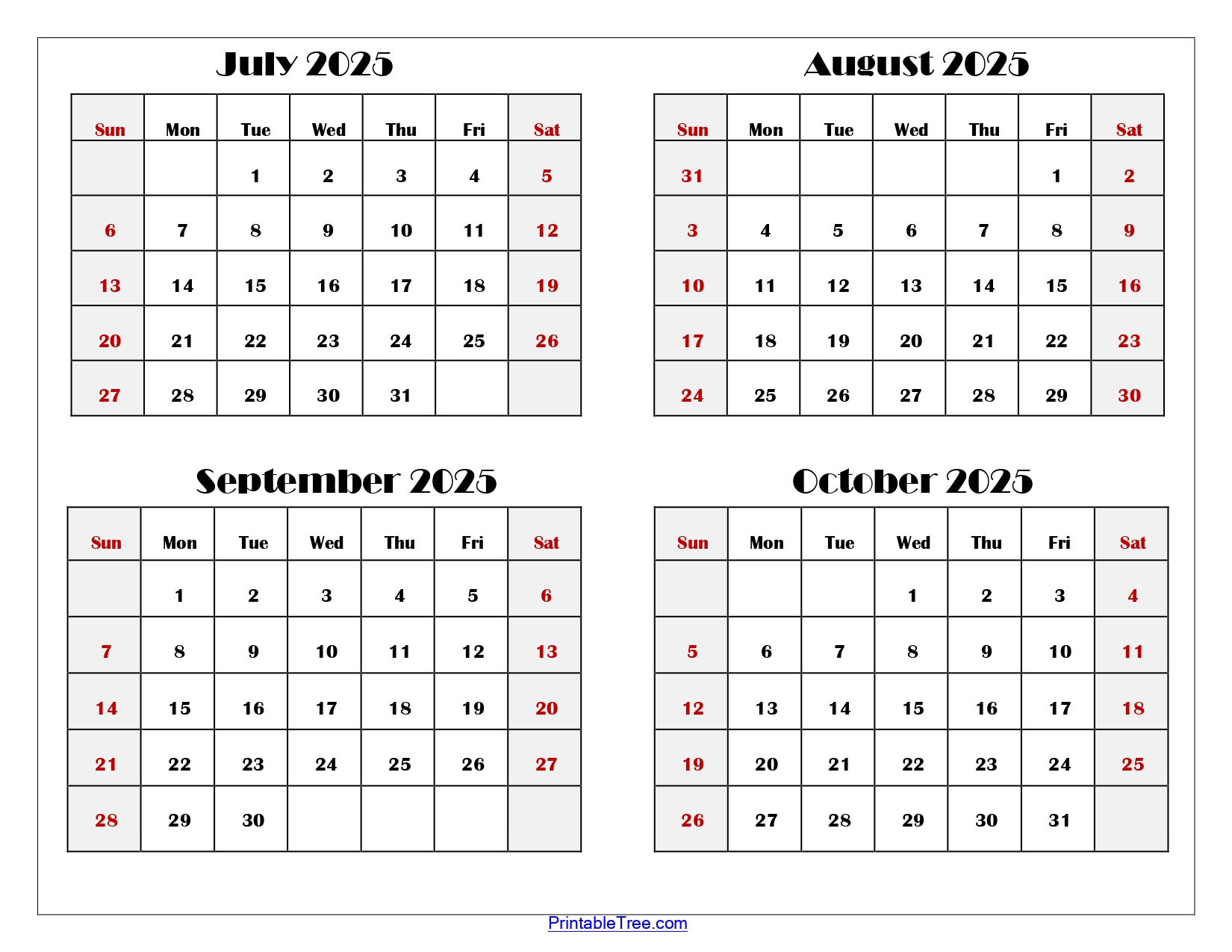 July To October 2025 Calendar Printable Pdf | Four Months Calendar intended for Calendar August September October 2025