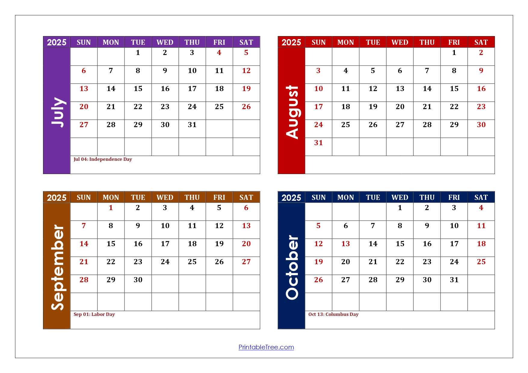 July To October 2025 Calendar Printable Pdf | Four Months Calendar regarding August To October Calendar 2025