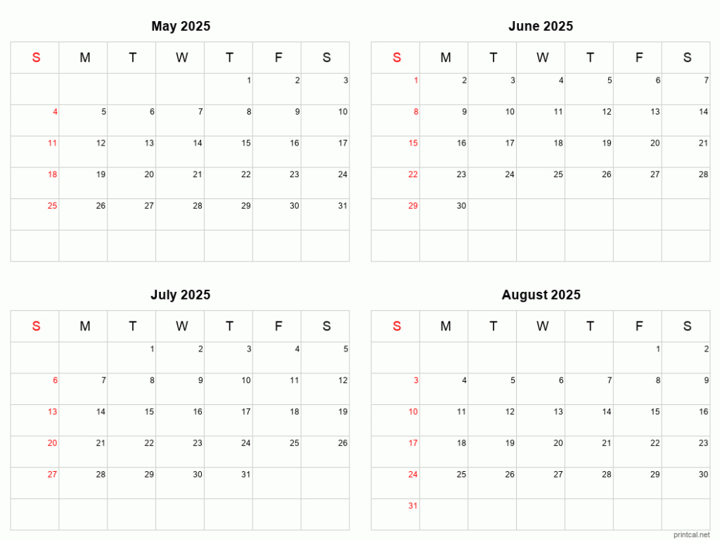 May To August 2025 Printable Calendar | Four Months Per Page In May To August 2025 Calendar May To August 2025 Printable Calendar | Four Months Per Page In May To August 2025 Calendar