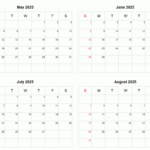 May To August 2025 Printable Calendar | Four Months Per Page With May Through August 2025 Calendar