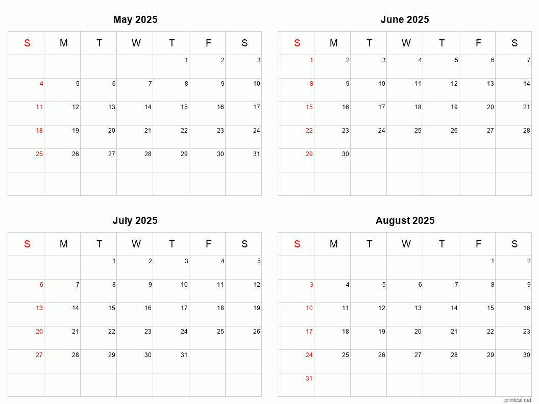 May To August 2025 Printable Calendar | Four Months Per Page with May Through August 2025 Calendar