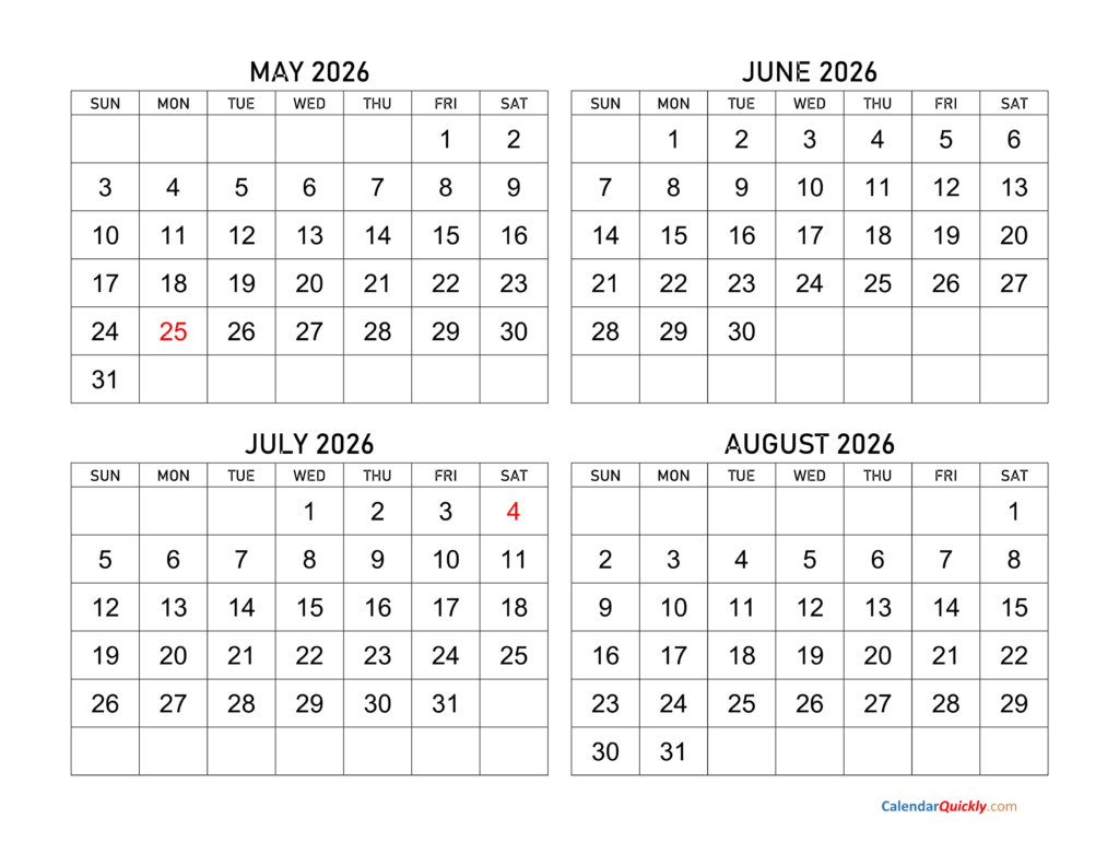 May To August 2026 Calendar | Calendar Quickly Pertaining To August 2025 May 2026 Calendar