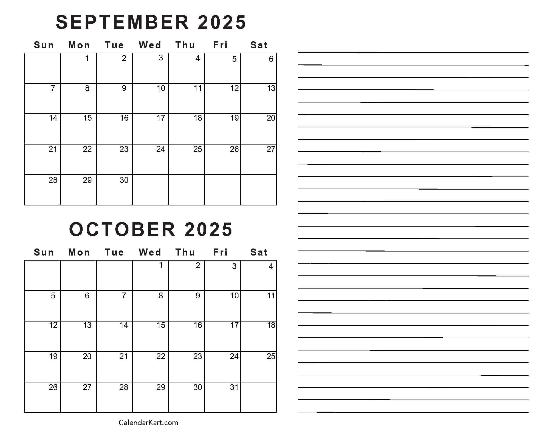 Printable September October 2025 Calendar | Calendarkart for August September October Calendar 2025 Printable