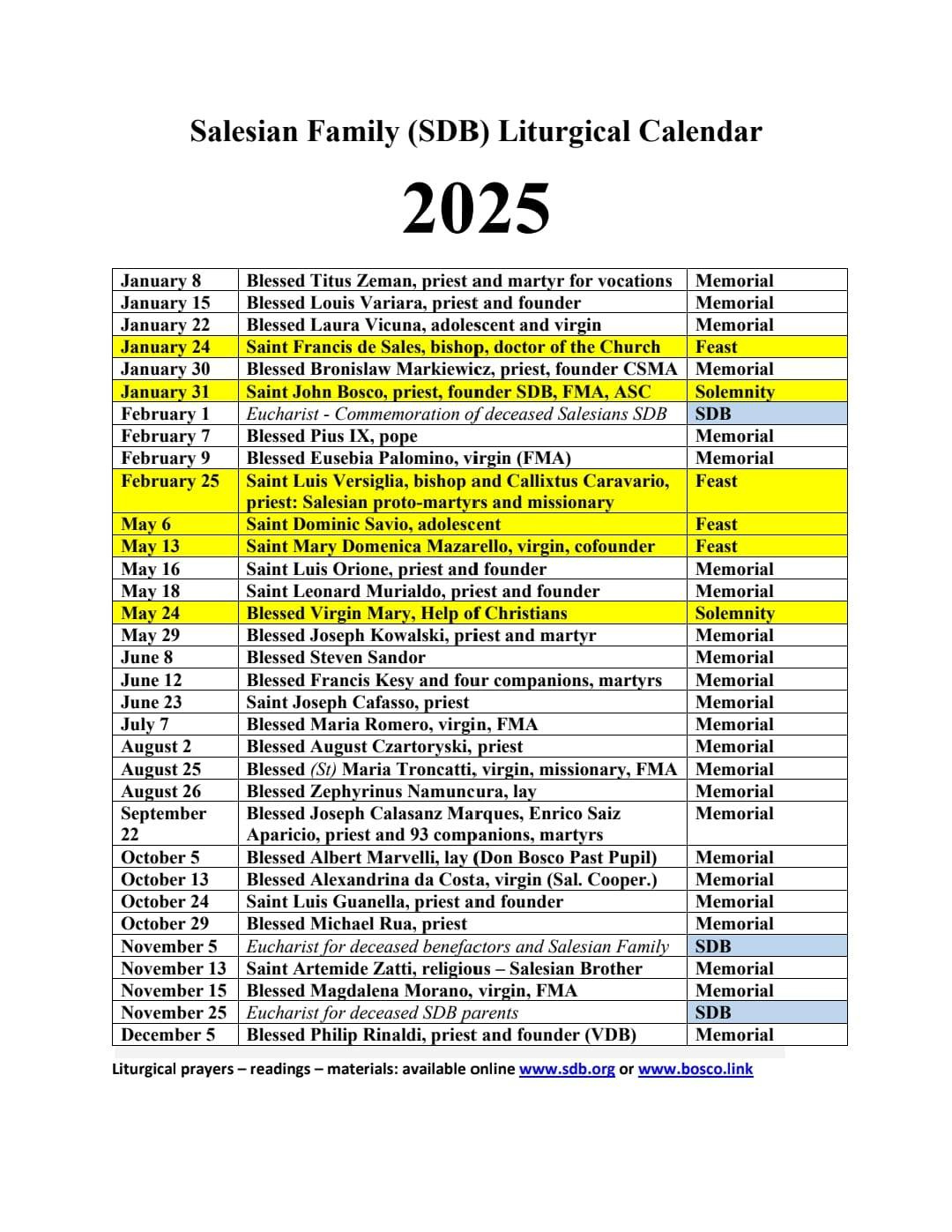 Resource - 2025 Salesian Family Calendar - Liturgy Prayer Intentions regarding August Saints Calendar 2025