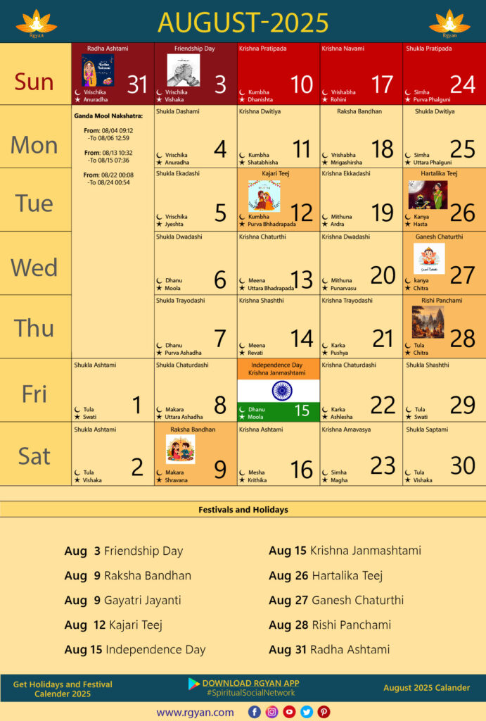 Rgyan: Important Dates In August 2025   Indian Lunar Calendar Inside August 2025 Calendar With Holidays India