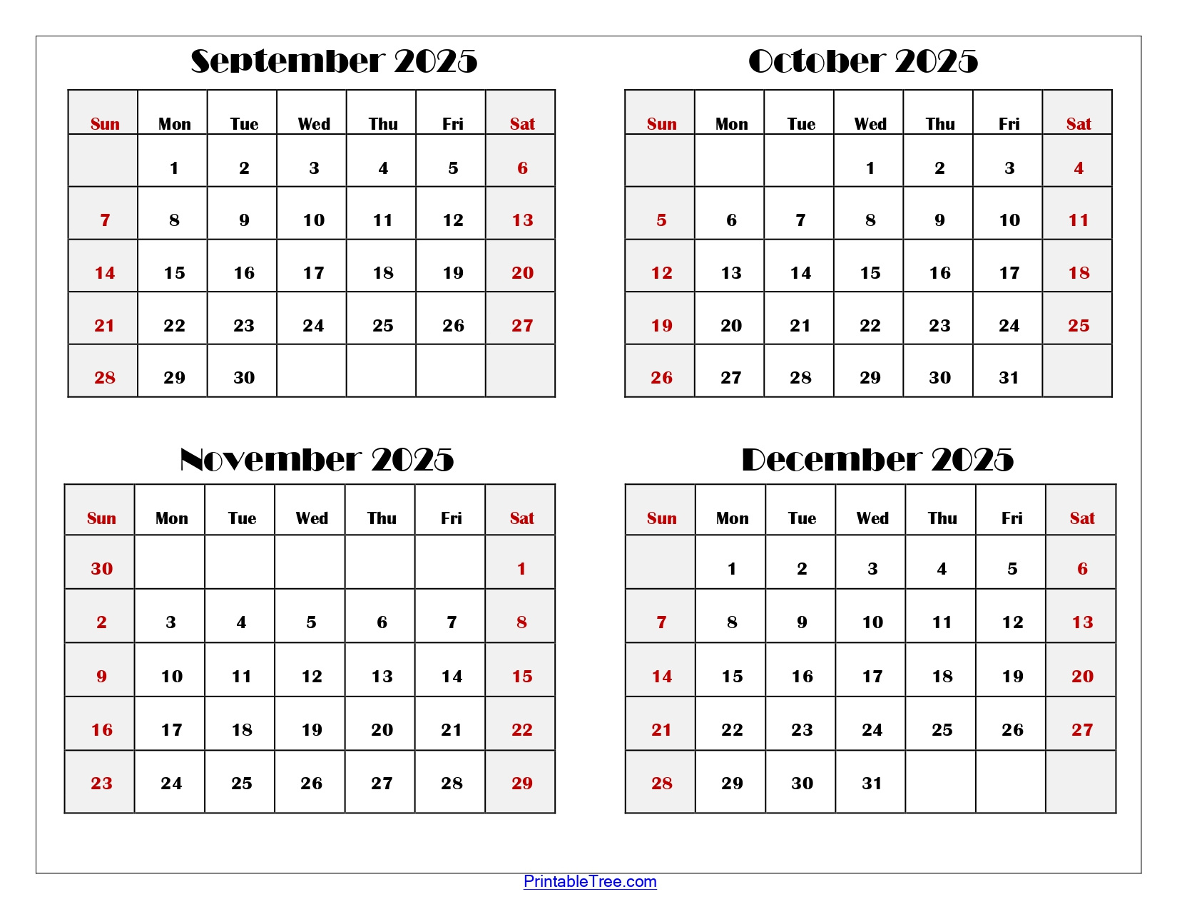 September To December 2025 Calendar Printable Pdf | Four Months throughout August September October November December 2025 Calendar
