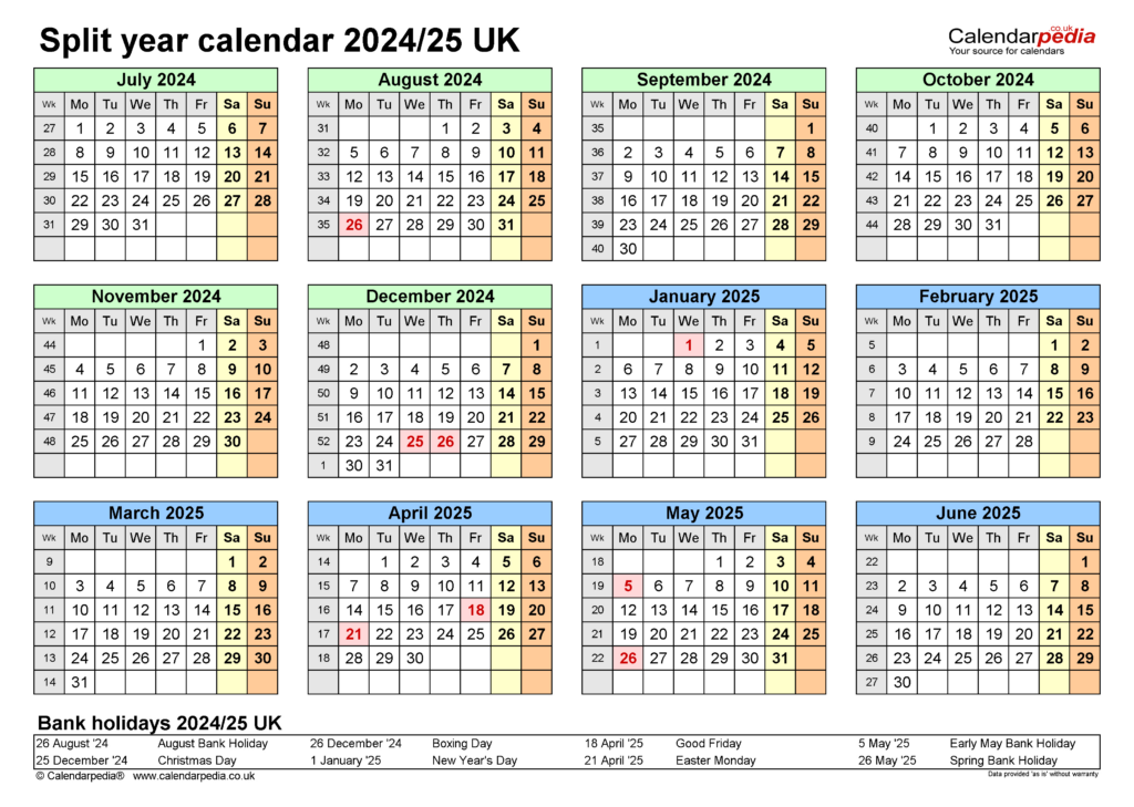 Split Year Calendars 2024/25 Uk (July To June) For Pdf Throughout September 2024 To August 2025 Calendar
