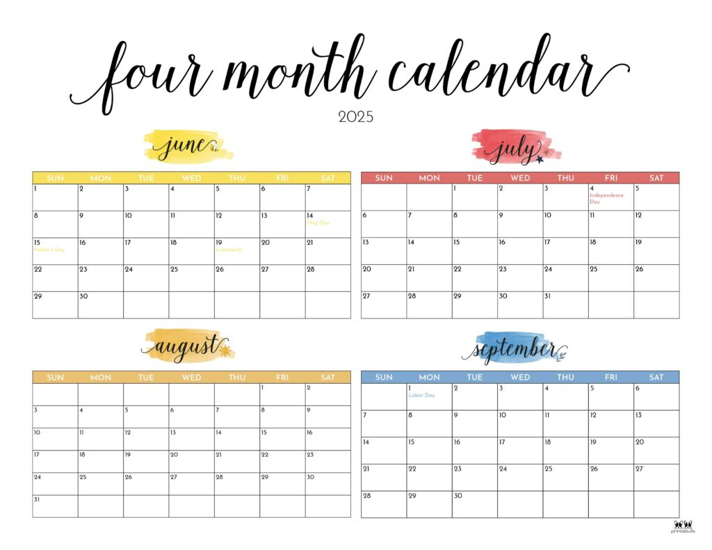 2025 Four Month Calendars 31 Free Printables | Printabulls For 4 Month Calendar June Through September 2025 2025 Four Month Calendars 31 Free Printables | Printabulls For 4 Month Calendar June Through September 2025