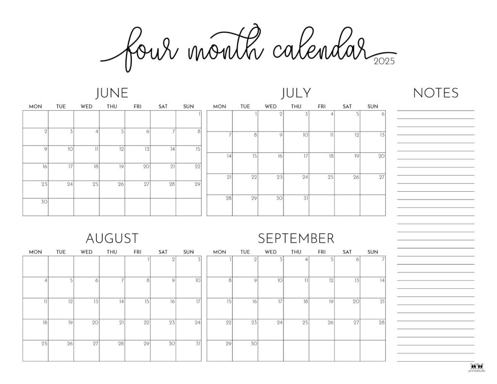 2025 Four Month Calendars - 31 Free Printables | Printabulls with regard to Free Printable Calendar July September 2025