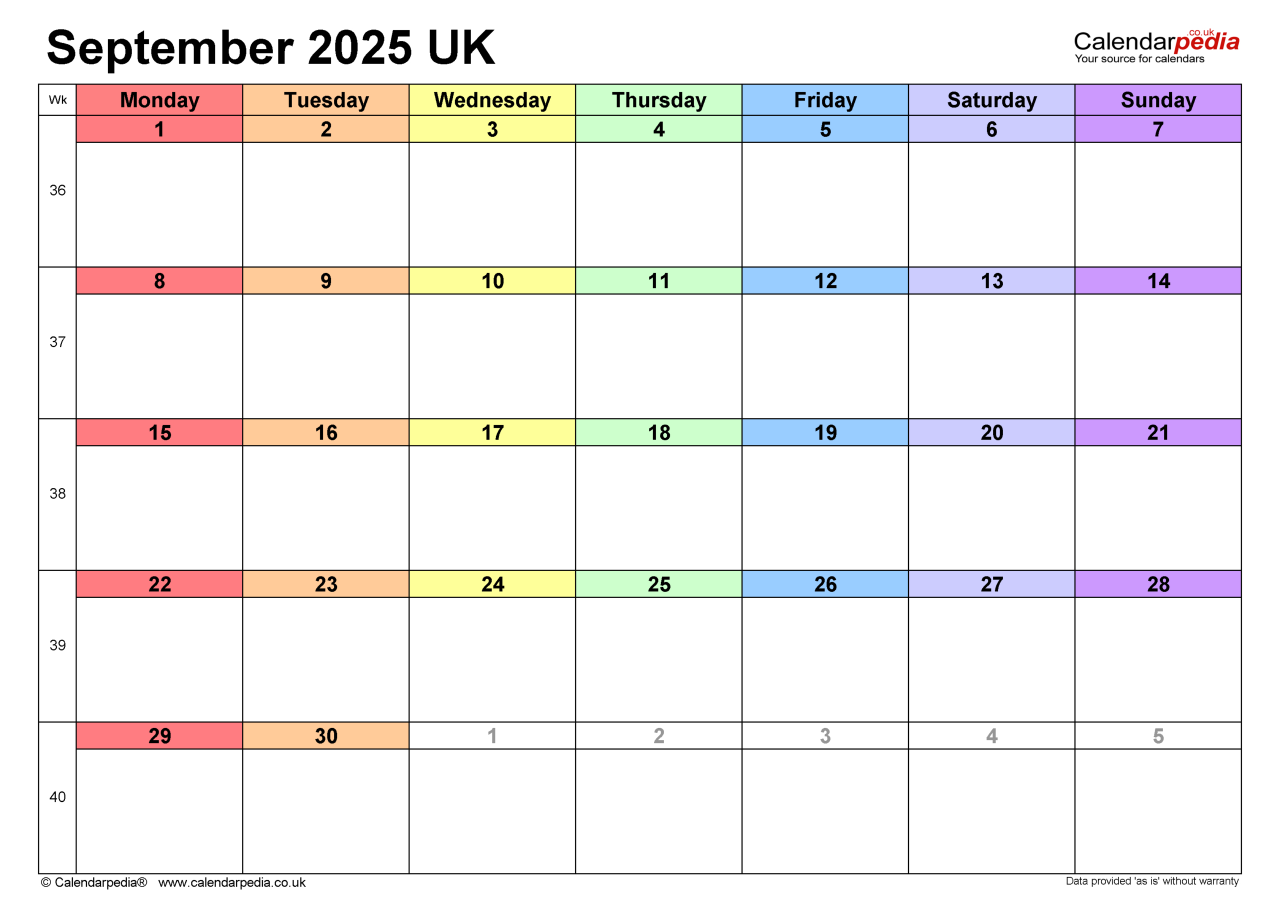 Calendar September 2025 Uk With Pdf, Excel And Word Templates regarding Printable Calendar September 2025 Uk